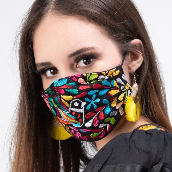 Mexican Handmade Embroidered Doves Face Mask Cream Cotton & Red Embroidery - Picture 2 of 2